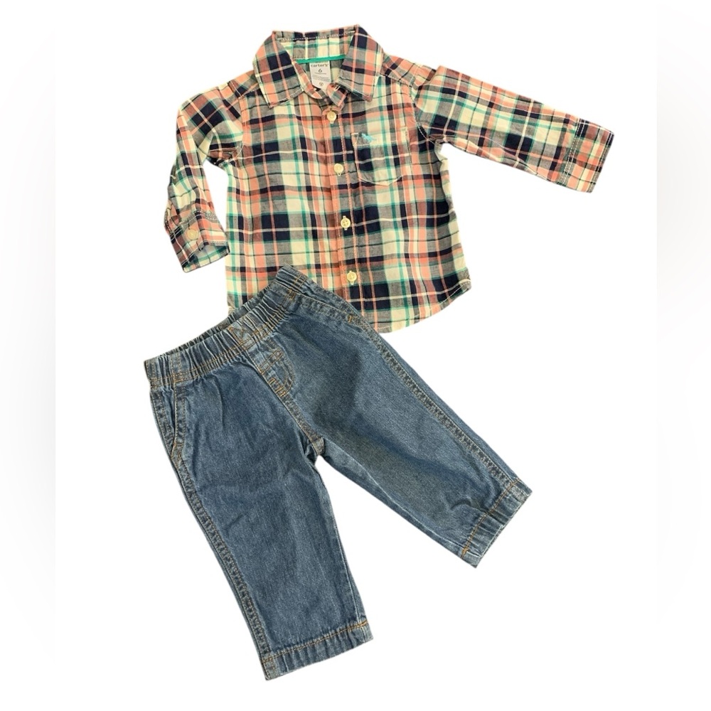 Carter’s baby boy 2pcs set- jeans and button down long sleeve shirt, 6 months